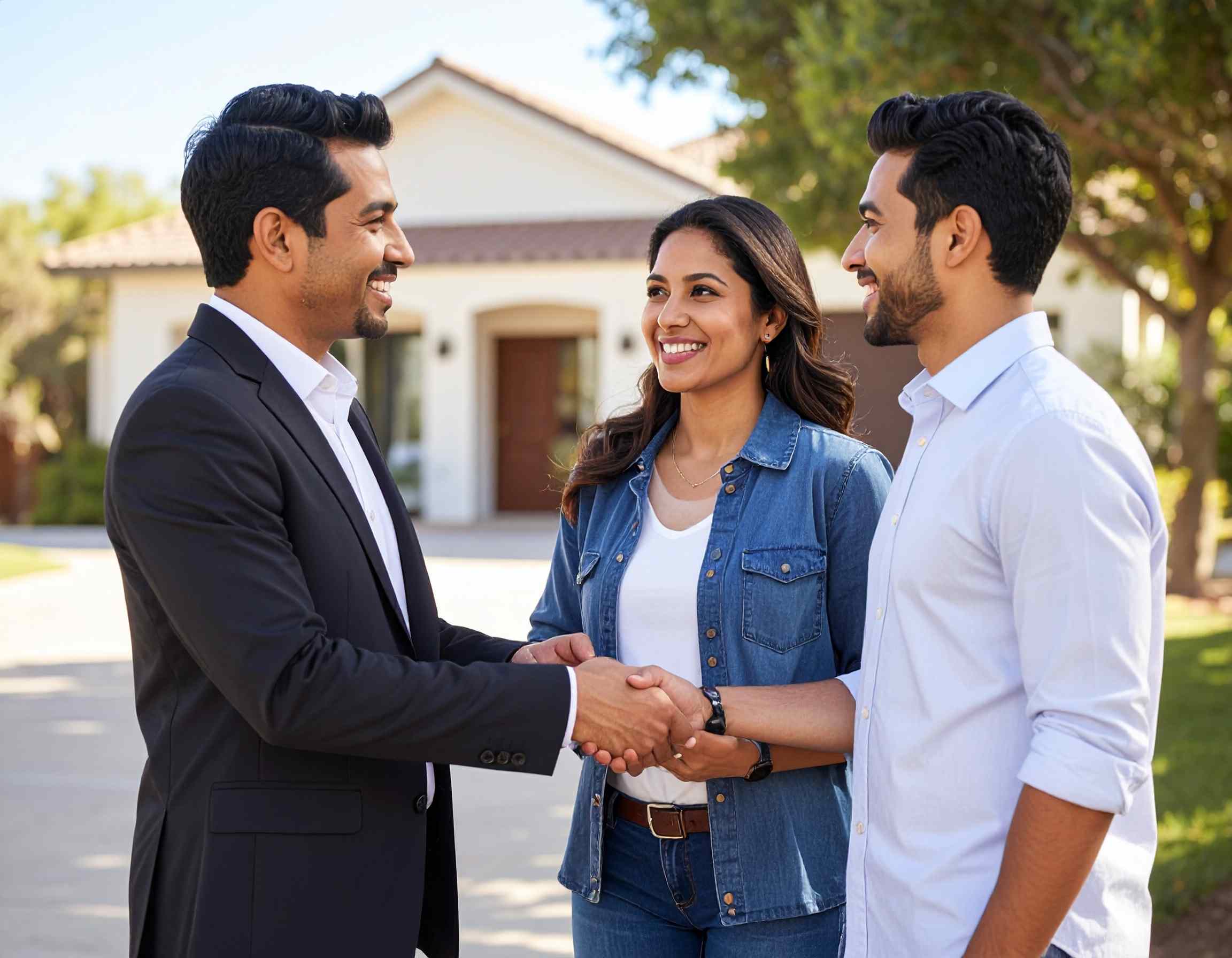 Firefly_real estate male agent talking with a couple infront of a house 775699